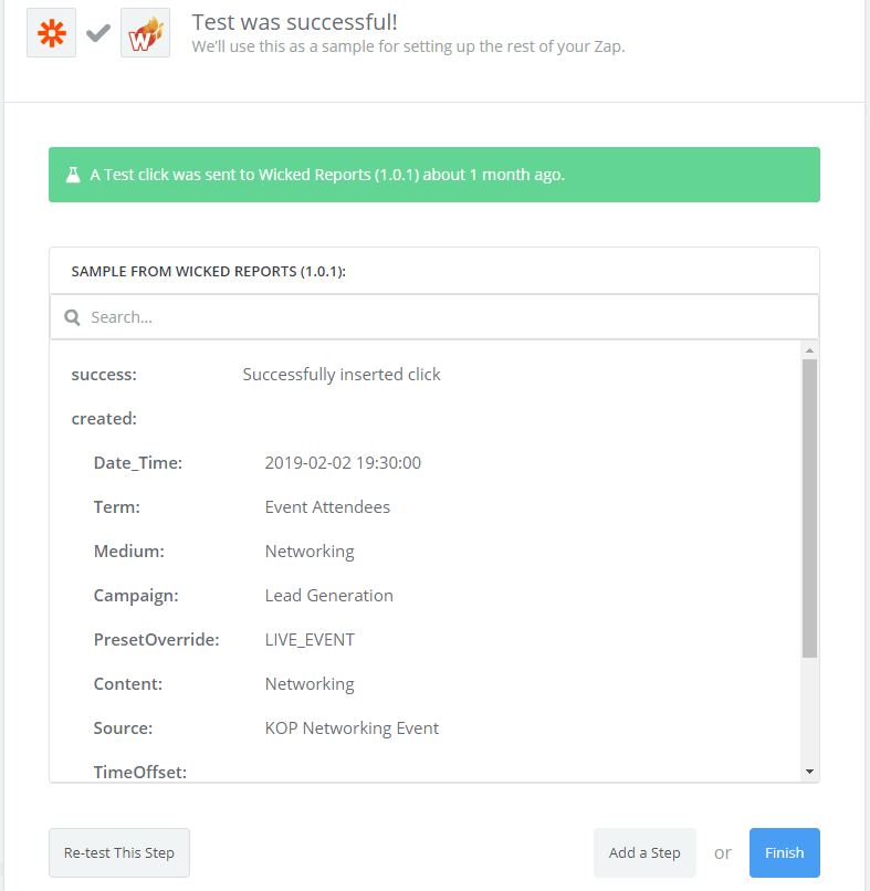 wicked reports Importing Custom Click Events with Zapier