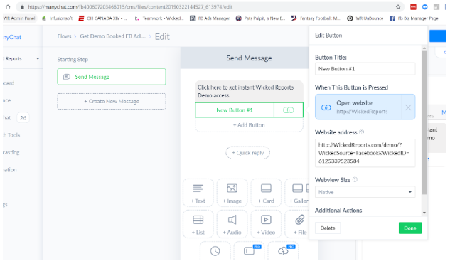 Tracking Facebook messenger ads to ManyChat Bots to external Website URLs