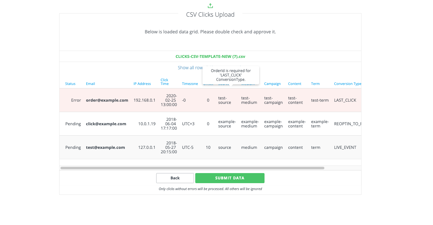 custom clicks csv
